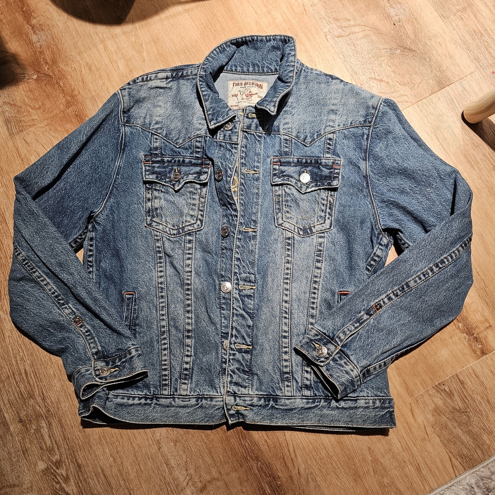 True Religion Blue Denim Jacket with Yellow Embroidery